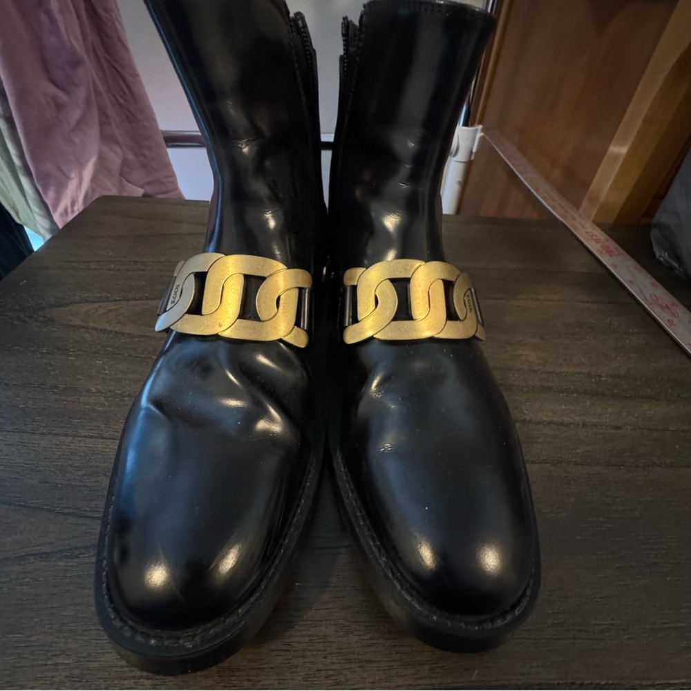 Black patent Leather Boots with Gold Chain Accent designer inspired - Picture 3 of 6